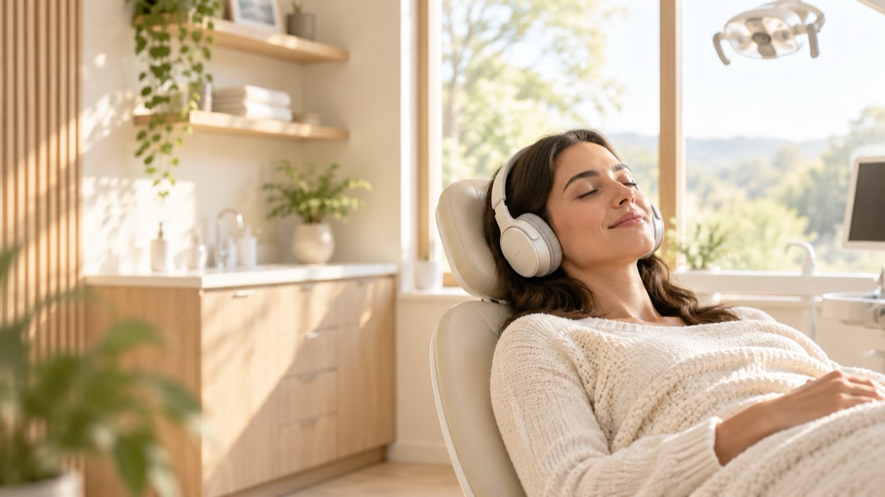 A relaxed patient in the dental chair, wearing headphones under a soft blanket